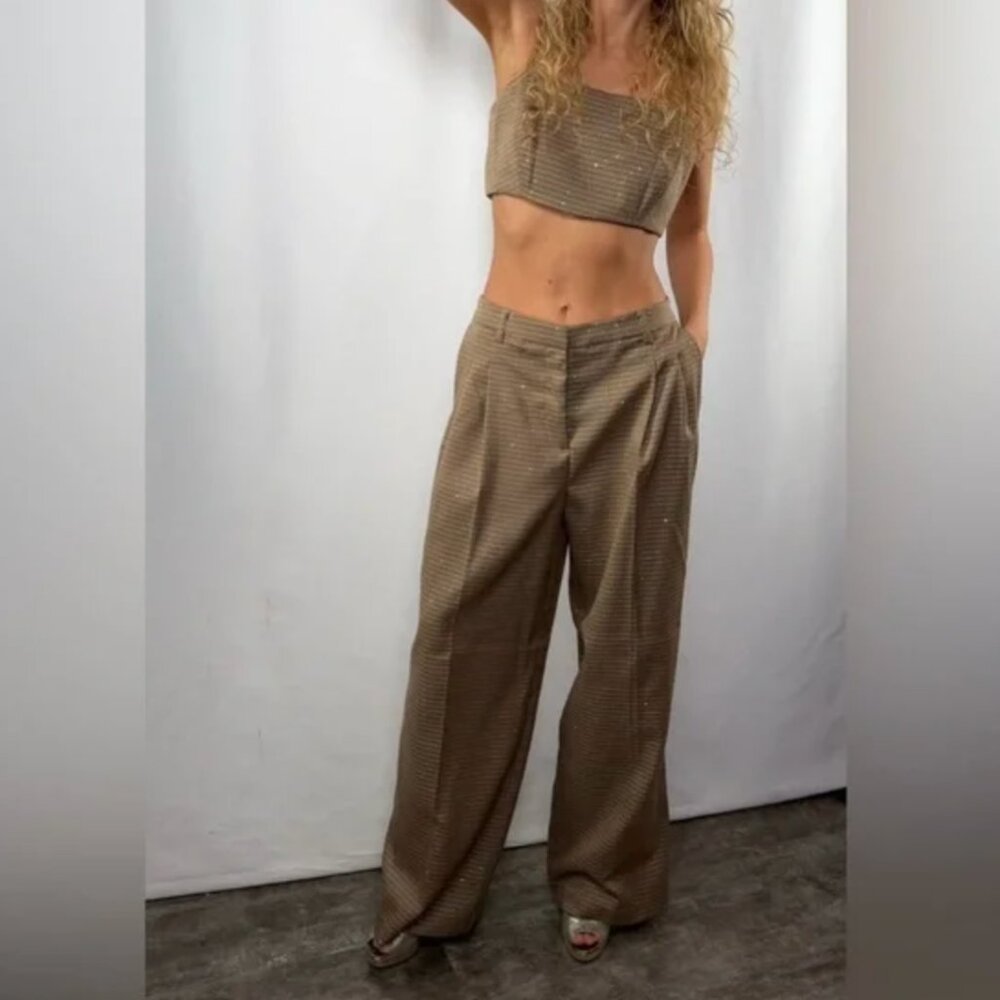 House of Harlow 1960 Cropped Top Wide Leg Pants Set in Brown Size XSmall